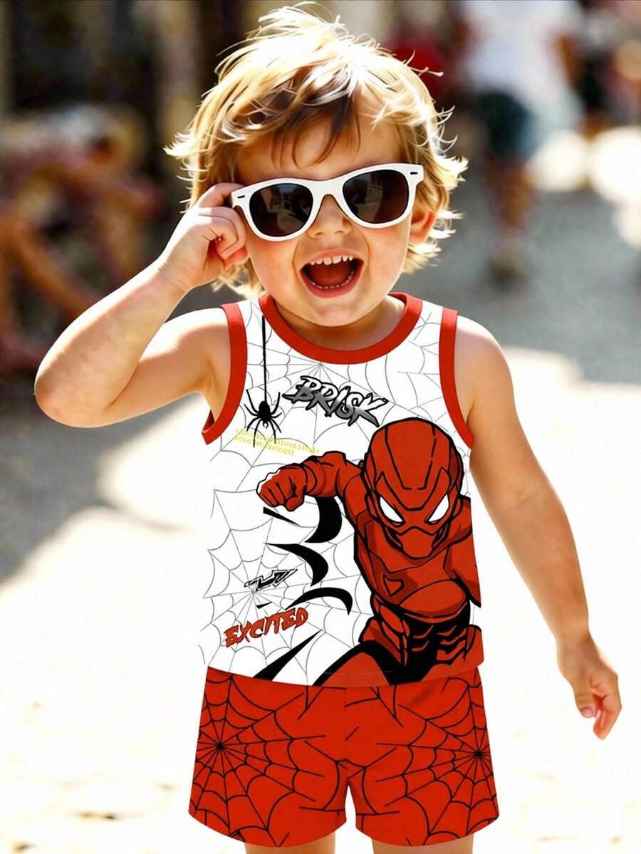 Bộ đồ thường ngày cho bé trai gồm 2 món, họa tiết nhện và siêu anh hùng, áo tank top cổ tròn in chữ và quần short cùng họa tiết, thích hợp cho các hoạt động mùa hè. - Nhiều màu - Xem 1
