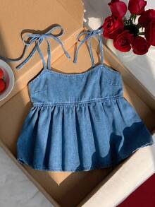 Comfortcana Áo tank top denim không tay, viền bèo nhún dành cho nữ, thời trang mùa hè. - Rửa trung bình - Xem 3
