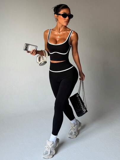 SHEIN Women's Seamless Yoga Workout Set, Contrast Color Sports Bra And Tight Leggings