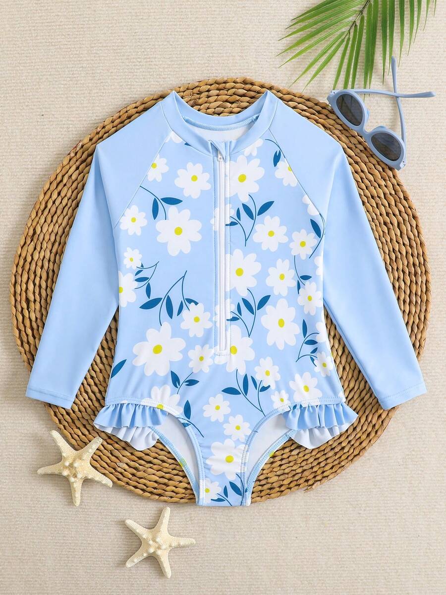 SHEIN Cô Gái Trẻ In hoa Dây kéo mặt trước Viền Ruffle Đồ bơi một mảnh - Màu xanh lam - Xem 1