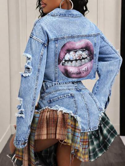 Slaydiva Plus Size Women's Casual Printed Short Denim Jacket, Versatile And Fashionable