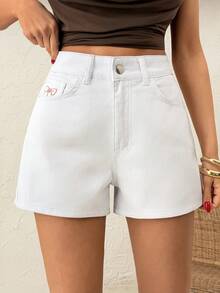 SHEIN Hochtailliger Regular Fit Lässig Stil Knopfverschluss Weiß Rohe Waschung Jeans Shorts - Weiss - Übersicht 5