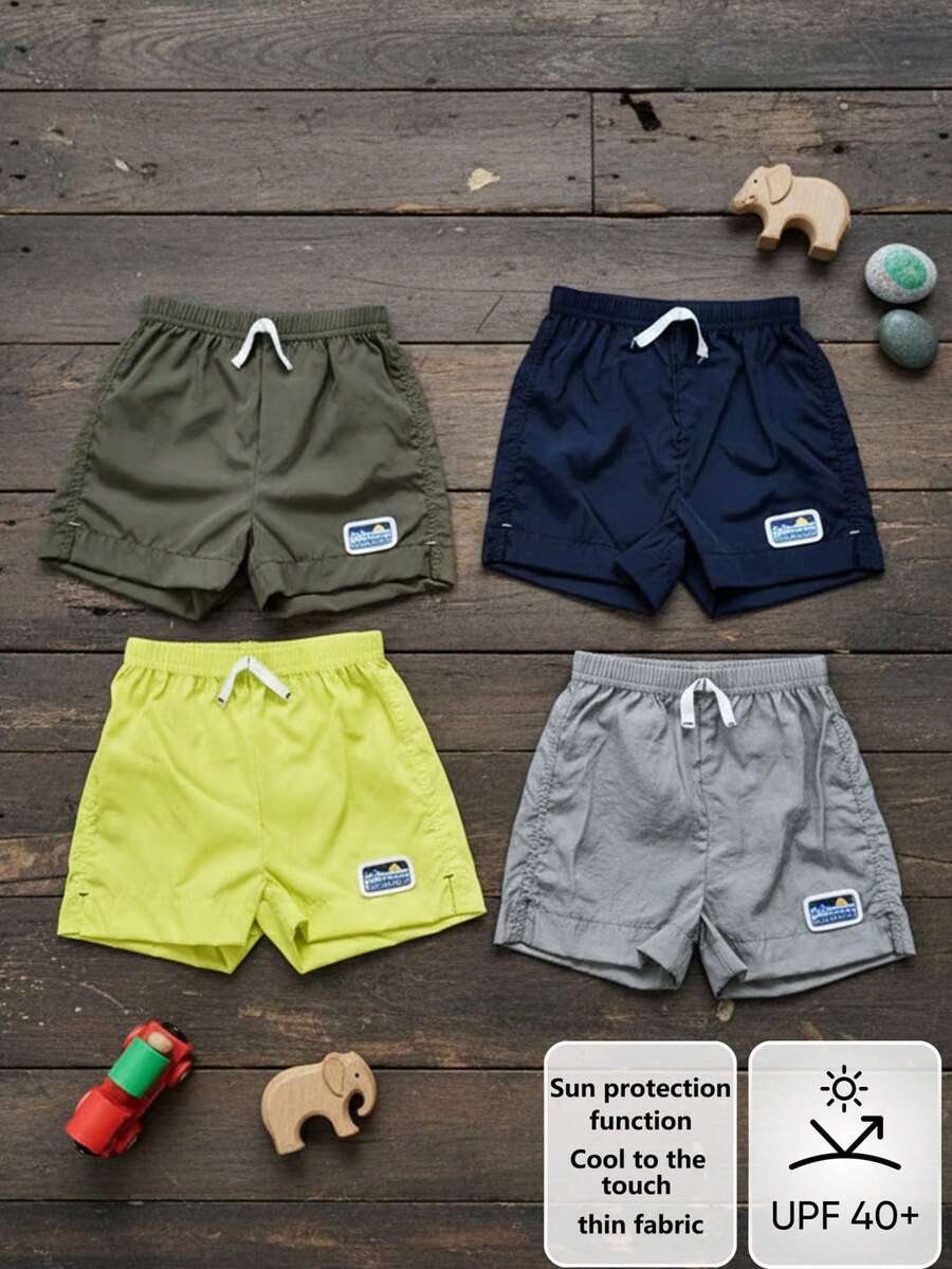 4pcs/Set Toddler Infant Baby Boys Casual Elastic Waist Shorts Sun Protection UPF 40+ Cooling Touch Embroidered Patch Drawstring Design Versatile Style - Multicolor - View 1