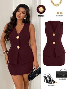 Femmeverse Plus Size Gold Button Chocolate Brown Custom Camisole And Mini Skirt Set - Burgundy - View 3