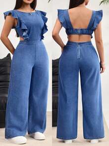 SHEIN Holidaya Bộ áo liền quần denim cổ tròn dáng rộng dành cho nữ cỡ lớn, kiểu dáng thường ngày. - Màu xanh lam - Xem 8