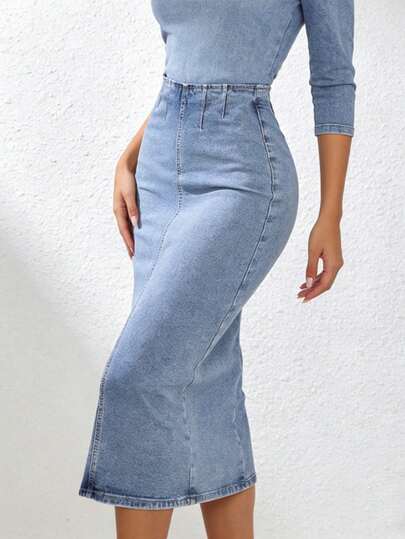 Falda de mezclilla midi de talle alto, corte slim, ideal para look casual Falda de jean de talle alto, diseño de costuras, para mujer Falda midi de mezclilla, lavado de moda, para look diario Falda de jean de talle alto, corte ajustado, para primavera y verano Falda midi de mezclilla, estilo casual, para mujer joven Falda de jean de talle alto, lavado clásico, para look diario