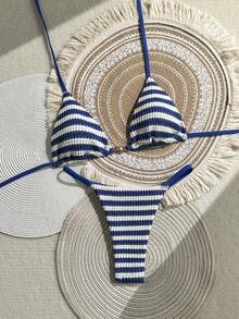 Swim Mod Women's 2026 Spring/Summer New Blue & White Striped Textured Fabric Metal Decor V-Neck Backless Triangle Wrap Strap Bikini 2-Piece Swimwear - Multicolor - View 3