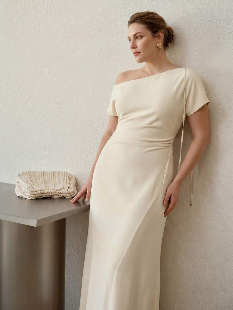 PLUS SIZE ELEGANT ASYMMETRICAL NECK WOMEN LONG DRESS