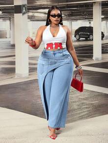 Slaydiva Plus Size Women's High Waist Retro American Patchwork Asymmetric Deconstructed Design Wide Leg Jeans - Light Wash - View 7