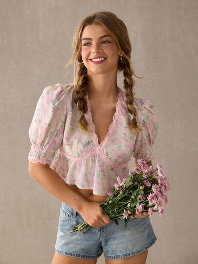 WESTFADE Blumen Muster V-Ausschnitt Kontrast Spitze Top