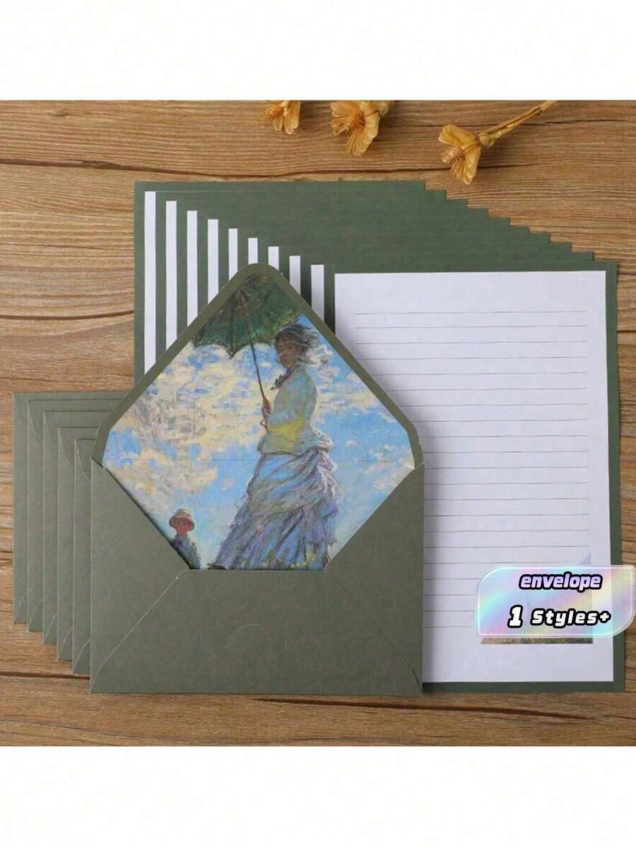 16 Green Set Of Oil Painting Envelopes Containing 6 Envelopes And 10 Pieces Of Writing Stationery For Making Invitations And Greeting Cards Gift Greeting Cards Writing Letters New Year's Gifts - Green - View 1