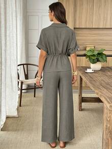 Elouméa Size Summer Casual Solid Color Drawstring Waist Shirt And Pants 2 Pieces Set - Mint Green - View 2