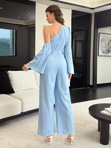 Modelyn Bộ jumpsuit thanh lịch dành cho nữ với cổ áo bất đối xứng, hở vai, khóa kim loại ở eo, chất liệu vải có họa tiết, quần ống đứng. - Màu xanh lam - Xem 7