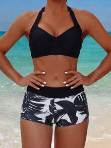 Swim Lushoire Bãi biển mùa hè dành cho nữ Dây buộc dây xếp li cổ và quần short ngắn in họa tiết thực vật nhiệt đới cho nữ Bộ Bikini gợi cảm - Đen và trắng - Xem 3