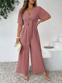 Linhara CURVE Bộ jumpsuit ống rộng cổ chữ V buộc dây phía trước dành cho nữ cỡ lớn, thời trang thường ngày mùa xuân/hè. - Màu Hoa hồng đỏ - Xem 6
