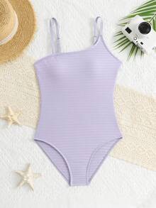 Tween Girls Summer Beach Solid Color Asymmetric Neckline One-Piece Swimsuit For Vacation - Purple - View 1