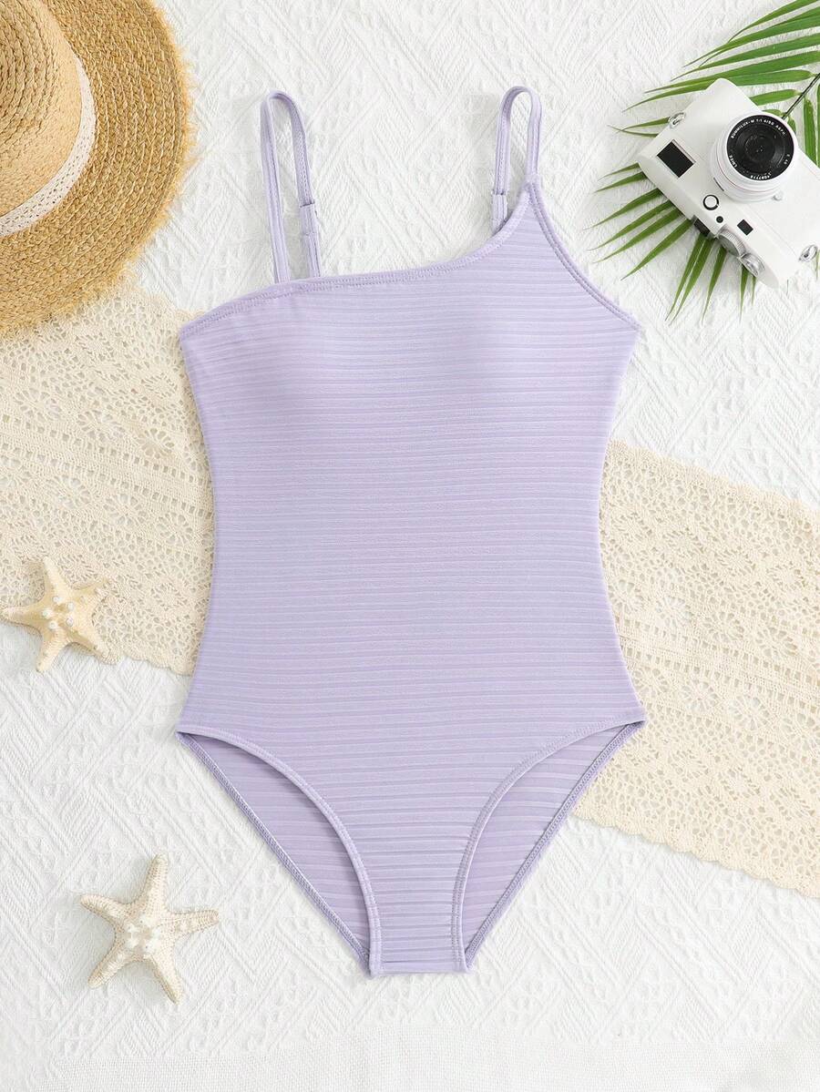 Tween Girls Summer Beach Solid Color Asymmetric Neckline One-Piece Swimsuit For Vacation - Purple - View 1