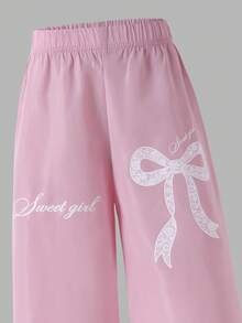 SHEIN Sparklyn 青少年女孩秋季服飾 高腰休閒可愛 Clean Girl 風格 時尚街頭風 日常上學通勤 蝴蝶結字母印花 寬鬆寬腿褲 - 彩色 - 查看 4