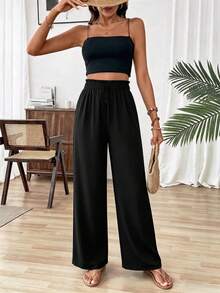 Pantalones anchos de pierna ancha con estampado de lunares, con nudo en la cintura, estilo casual de vacaciones para mujer - Negro - Ver 4
