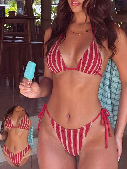 Bonvoyette Set de 3 piezas de bikini con tiras a contraste, de tela de ganchillo, con escote halter y espalda descubierta, traje de baño sexy de triángulo con tiras para mujeres