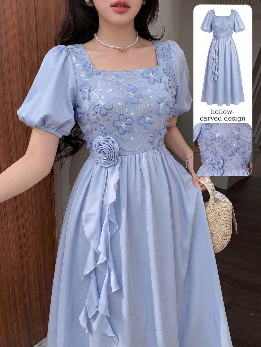 Modelyn 女式方领珍珠刺绣网纱拼接3D立体花卉装饰收腰喇叭连衣裙