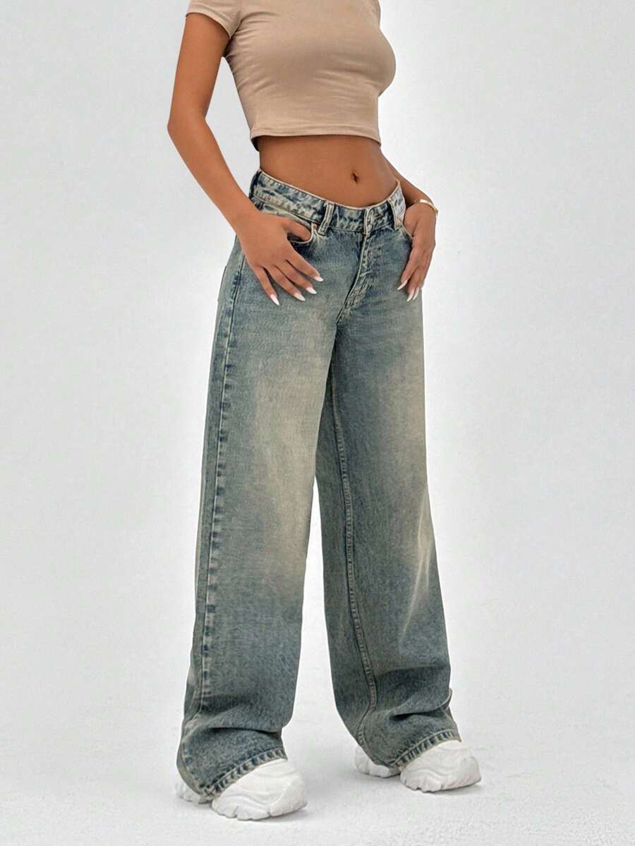 SHEIN HIGH WAIST WIDELEG CUT VINTAGE Casual Formal WASH Y2K STYLE Beige BAGGY JEANS BUTTON CLOSURE Back-To-School Graduation Summer - Medium Wash - View 1