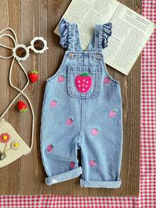 SHEIN Vintaside Kids Bộ áo liền quần denim màu xanh dương cho bé gái, kiểu dáng thường ngày, dễ thương, thêu hình dâu tây, thích hợp cho các chuyến đi chơi, kỳ nghỉ, quần yếm denim cho bé sơ sinh, quần yếm mùa hè cho bé gái, áo liền quần cho bé sơ sinh, trang phục mùa hè họa tiết dâu tây cho bé gái. - Màu xanh lam - Xem 3