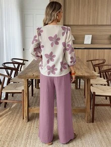 Elouméa 女士V领印花短袖衬衫和宽松长裤两件套，休闲度假装，春夏款 - 彩色 - 查看 2