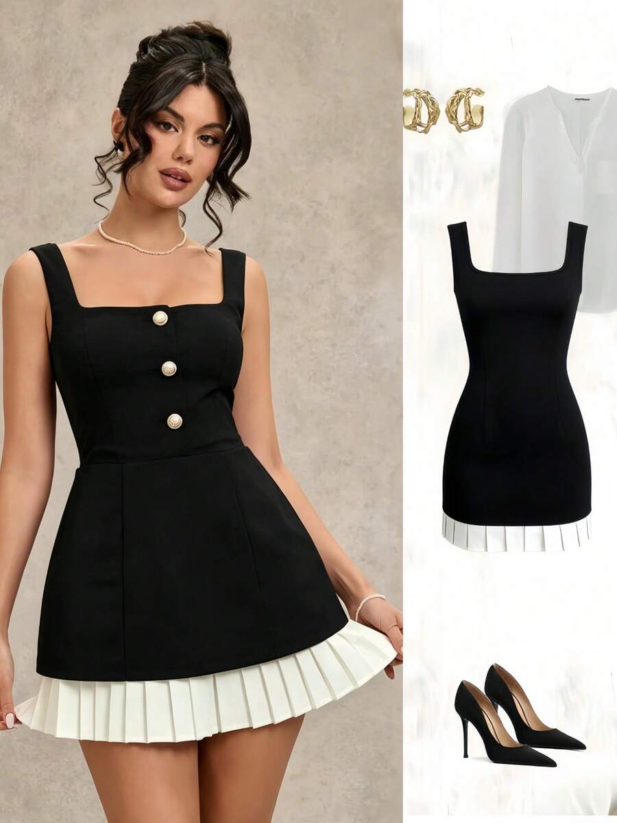 Vestido romántico y dulce de color negro y blanco para citas, con dobladillo con volantes, prenda para capas en primavera, verano y otoño - Negro - Ver 1