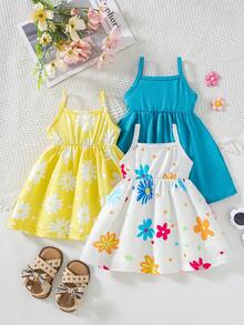 SHEIN Playful Pals 3件套女婴夏季新款碎花无袖吊带裙+纯色连衣裙，田园风，时尚可爱连衣裙 - 彩色 - 查看 2