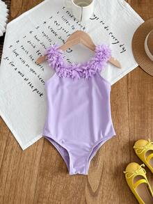 SHEIN 少女度假蝴蝶印花3D花卉装饰时尚连体泳衣 - 紫色 - 查看 4