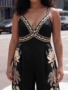 CAJUNI Chic Vacation Golden Embroidery Jumpsuit - Black - View 6