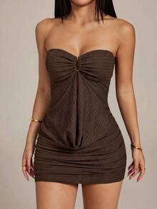 SHEIN PETITE Đầm mini quây ngực gợi cảm màu trơn dành cho nữ, cổ khoét sâu, xếp ly. - màu nâu - Xem 8