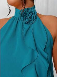 Rometta Plus Size Summer Elegant 3D Floral Ruffle Neck Blouse For New Year Clothes - Green - View 5