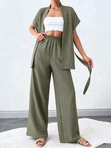 SHEIN Tall Bộ đồ hai mảnh dành cho nữ cao có thắt lưng - Màu Khaki - Xem 4