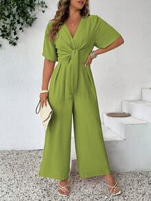 Rometta Bộ jumpsuit cỡ lớn thời trang, phong cách retro, cổ chữ V, thắt eo. - Màu xanh Ô liu - Xem 6