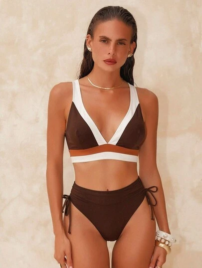 Swim Chiccia Conjunto de bikini de 2 piezas de nailon con bloques de color para mujer, nuevo diseño de triángulo multicolor con escote halter, sexy y elegante para vacaciones, playa o fiesta en la piscina
