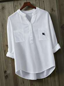 Women's Casual White Woven Fabric Notched Asymmetrical Hem Shirt With Roll Up Wrist-Length Sleeves And Pocket - White - View 1