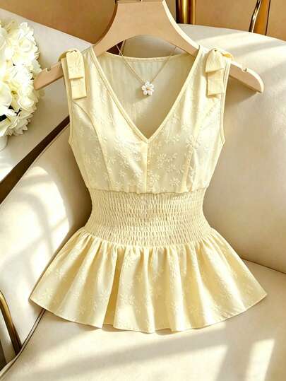 Elenzga Summer New Shirred Bowknot Jacquard Peplum Sleeveless Blouse For Women