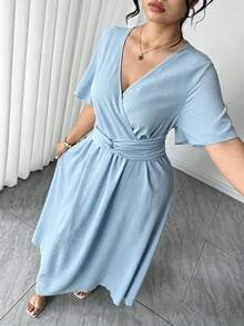 Linhara CURVE 大码女士优雅度假休闲新款V领宽松袖连衣裙 - 天藍色 - 查看 4