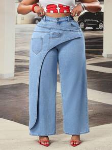 Slaydiva Plus Size Women's High Waist Retro American Patchwork Asymmetric Deconstructed Design Wide Leg Jeans - Light Wash - View 1