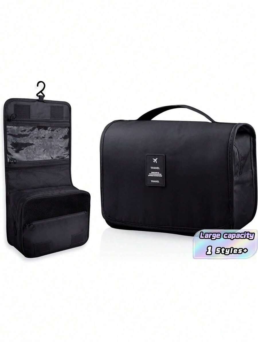 1 pieza Bolsa de maquillaje colgante multifuncional, bolsa de almacenamiento, gran capacidad, fácil de transportar, regalo navideño, vibraciones bohemias - Negro - Ver 1