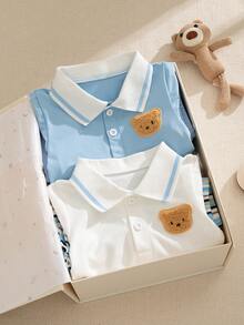 Souflis Souflis 4pcs Baby Boy Infant Toddler Newborn Casual Everyday Outing Gentleman Academy Style Polo Shirt Set, Blue Polo Shirt + White Polo Shirt + Shorts - Multicolor - View 5