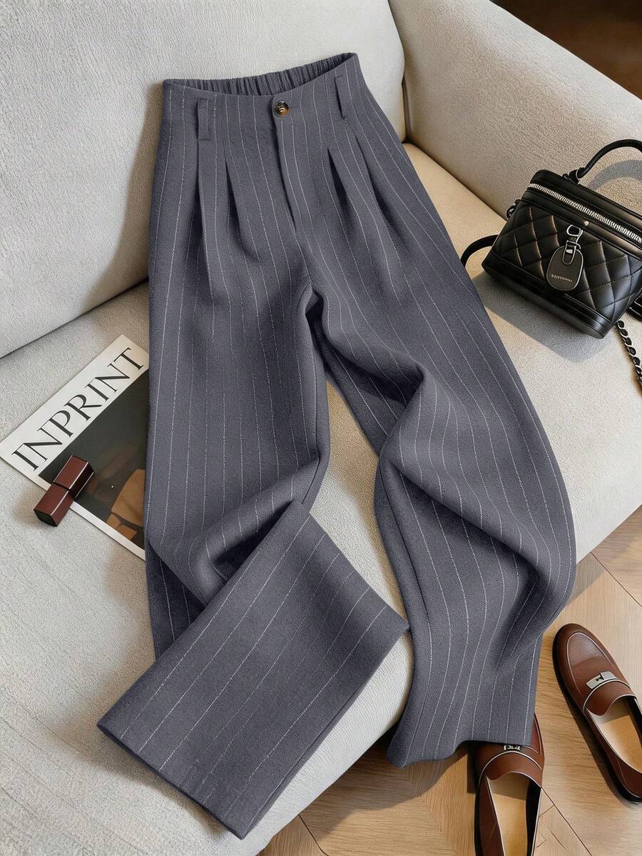 Franclia Women's Casual Versatile Fashion New Striped Print Pleated Loose Wide Leg Pants - Grey - View 1