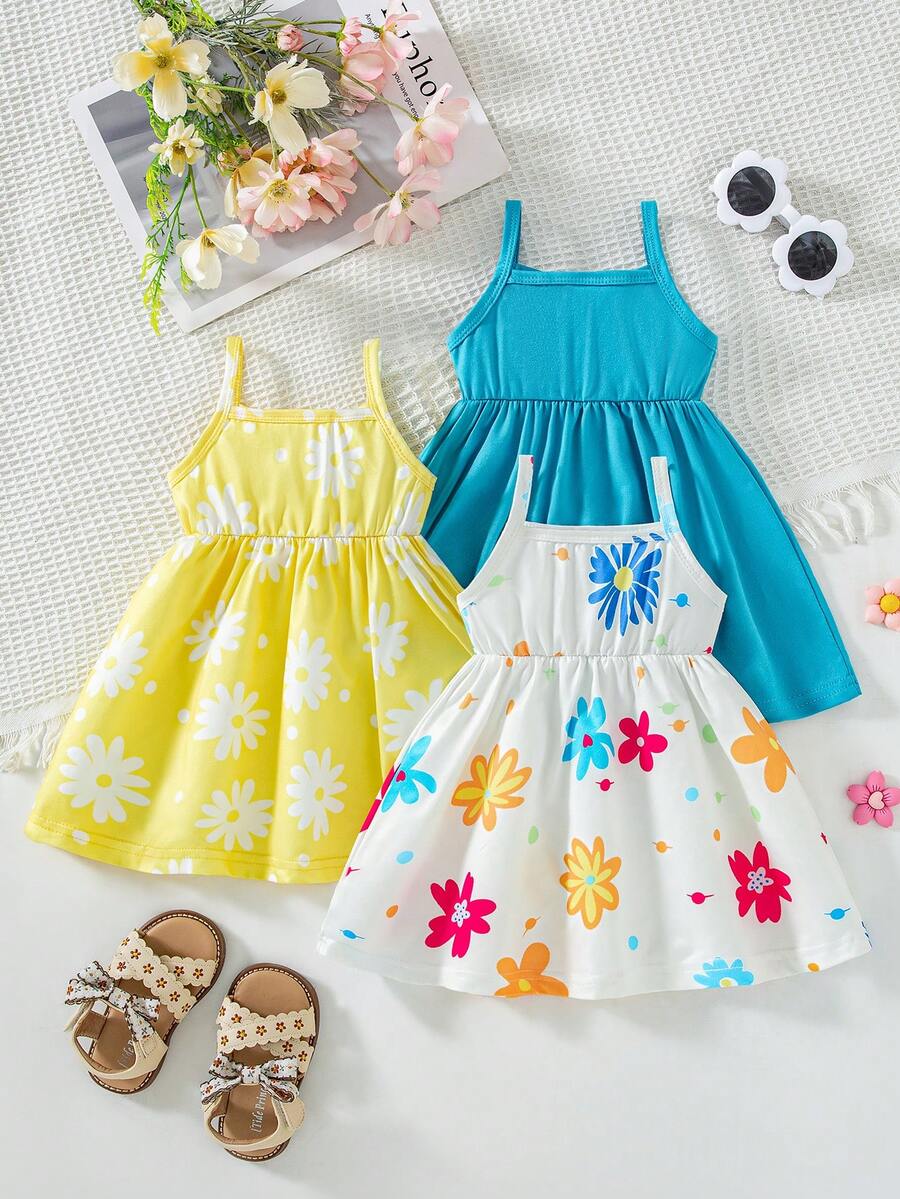 SHEIN Playful Pals 3件套女婴夏季新款碎花无袖吊带裙+纯色连衣裙,田园风,时尚可爱连衣裙 - 彩色 - 查看 1