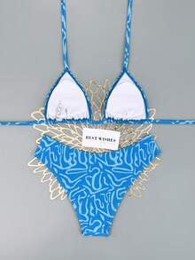 Swim Mod 2026春夏蓝色条纹性感挂脖系带两件式泳衣，度假分体式比基尼 - 彩色 - 查看 4