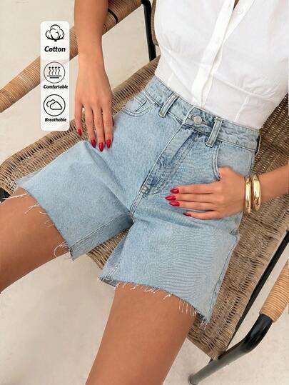SHEIN Short de mezclilla lavado en azul claro de tiro alto y casual 100% algodón para mujer