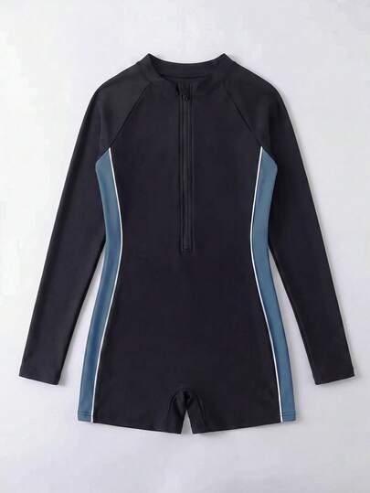 SHEIN Tween 女童夏季拼色前拉链连体泳衣，潜水和冲浪潜水服，适合海滩和游泳，纯色修身长袖防晒泳衣，保守款式