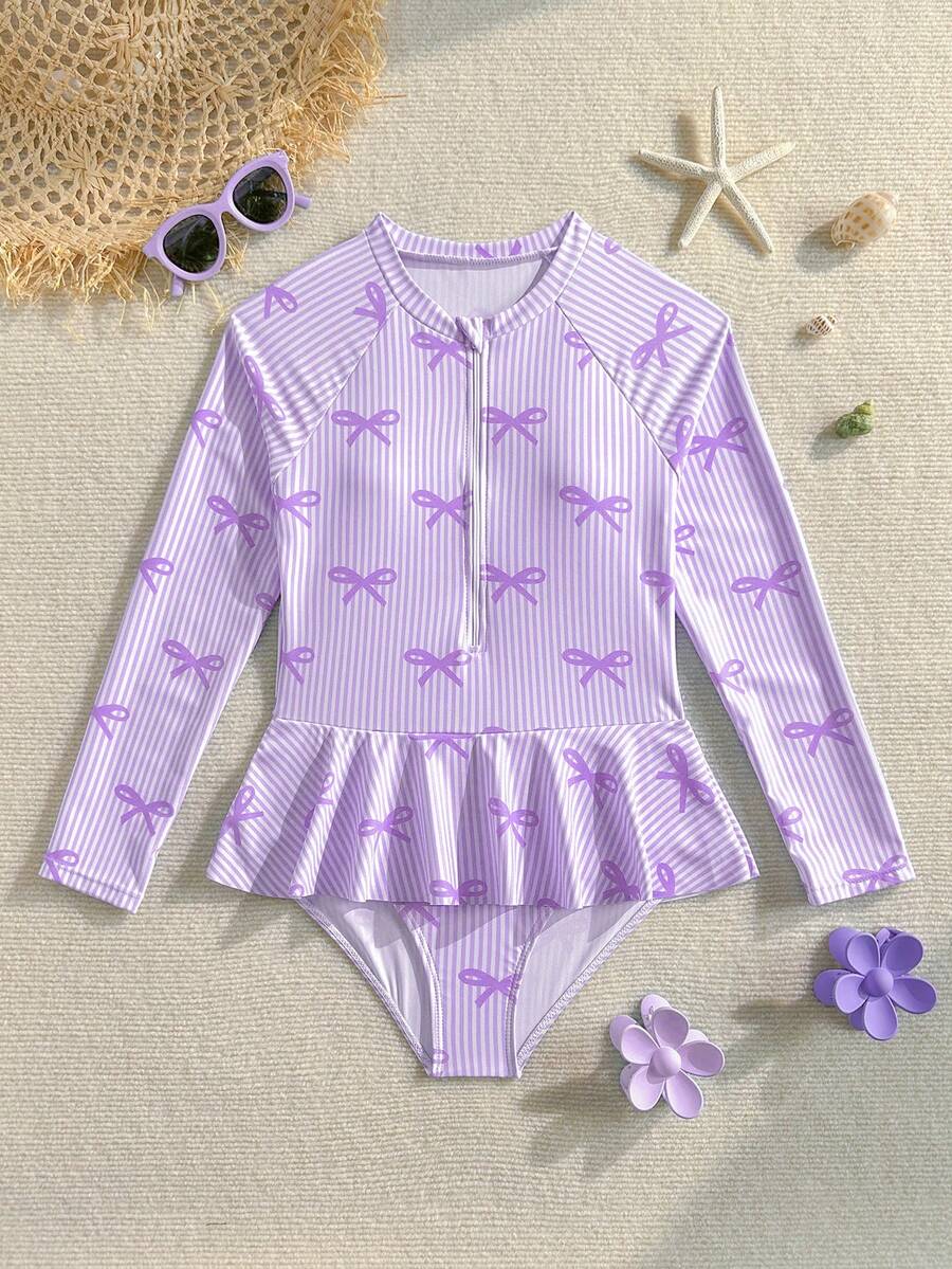 SHEIN Bộ đồ bơi liền thân cho bé gái tuổi teen, màu tím, dễ mặc, kiểu dáng raglan tay dài có khóa kéo, thời trang thường ngày thanh lịch, phù hợp cho bơi lội, nghỉ mát, mùa hè (Họa tiết ngẫu nhiên) - Màu tím - Xem 1