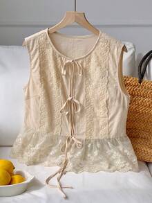 Comfortcana 女款花卉刺繡綁帶棉質無袖上衣，淺米色，夏季優雅休閒茶會蕾絲風格海灘度假上衣 - 卡其色 - 查看 3